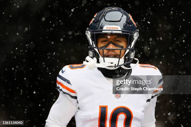 Damiere Byrd of the Chicago Bears runs out of the tunnel before the game against the Seattle Seahawks at Lumen Field on December 26, 2021 in Seattle,...