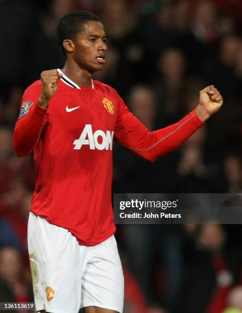 Antonio Valencia of Manchester United celebrates scoring their fourth goal during the Barclays Premier League match between Manchester United and...