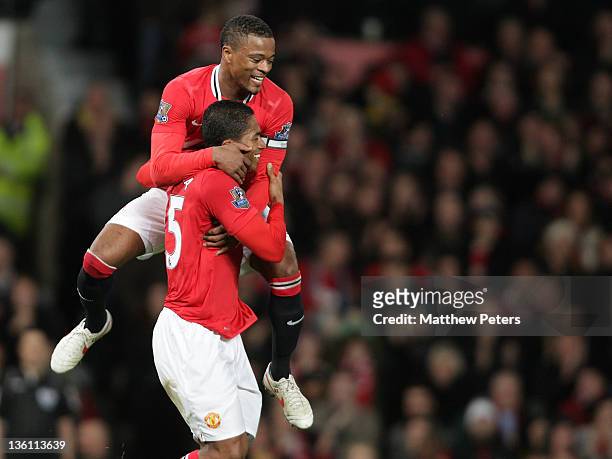 Antonio Valencia of Manchester United celebrates scoring their fourth goal during the Barclays Premier League match between Manchester United and...