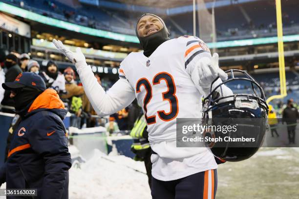 Marqui Christian of the Chicago Bears reacts as he leaves the field after defeating the Seattle Seahawks 25-24 at Lumen Field on December 26, 2021 in...