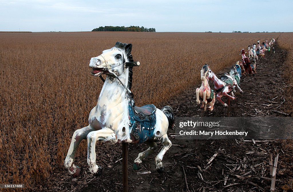 Line of plastic horses in soybean field