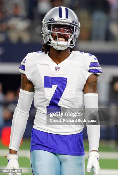 Trevon Diggs of the Dallas Cowboys reacts during pregame warm-ups prior to a game against the Washington Football Team at AT&T Stadium on December...