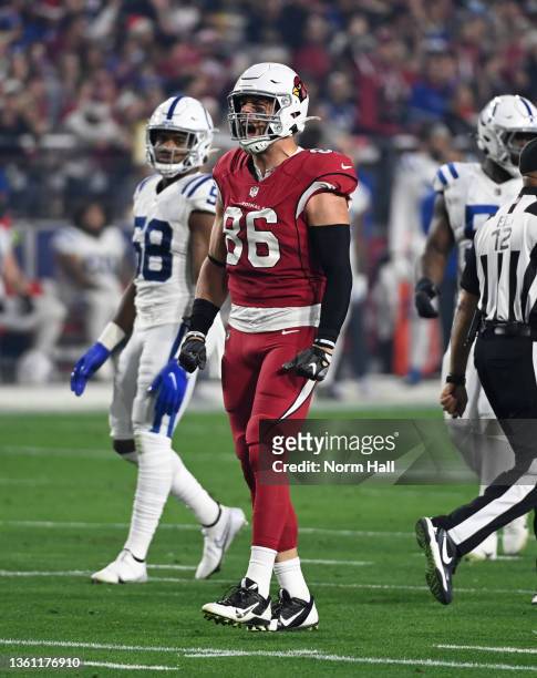 Zach Ertz of the Arizona Cardinals reacts after catching a pass against the Indianapolis Colts at State Farm Stadium on December 25, 2021 in...