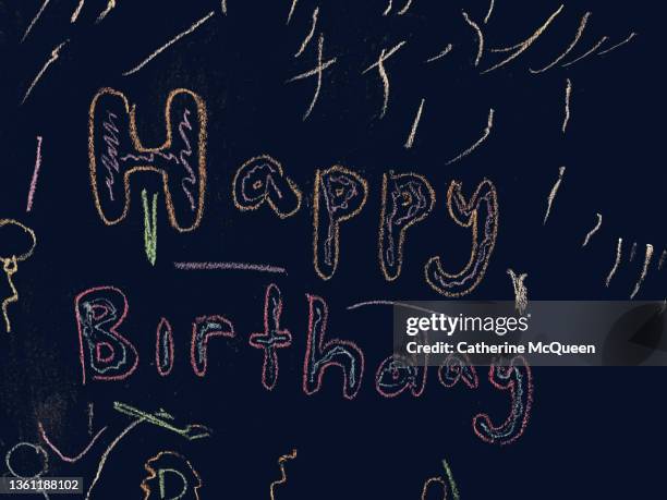 happy birthday scribbled on chalkboard - quinceanera party stock pictures, royalty-free photos & images