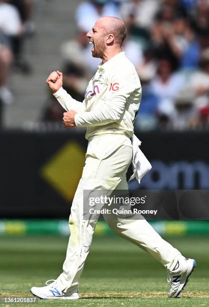 Jack Leach of England celebrates after dismissing Cameron Green of Australia during day two of the Third Test match in the Ashes series between...