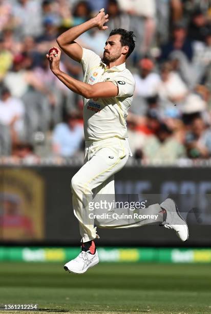 Mitchell Starc of Australia bowls during day two of the Third Test match in the Ashes series between Australia and England at Melbourne Cricket...