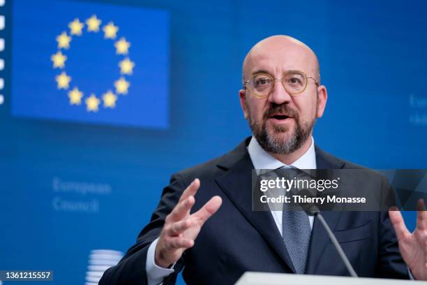 President of the European Council Charles Michel talks to the media at the end of an EU Summit, in the Europa, the EU Council headquarter on June 30,...