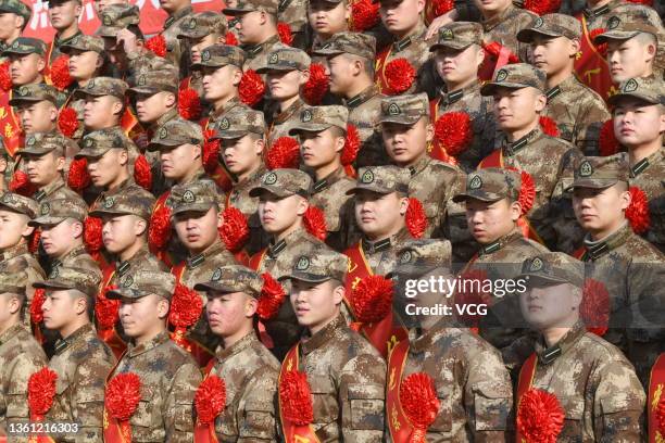 Total of 137 students directional trained for the People's Liberation Army Rocket Force participate in a see-off ceremony at Fuyang Institute of...