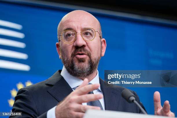 President of the European Council Charles Michel talks to the media at the end of an EU Summit, in the Europa, the EU Council headquarter on June 30,...