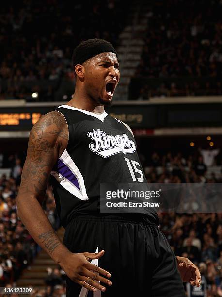 DeMarcus Cousins of the Sacramento Kings celebrates after making a basket against the Los Angeles Lakers at Power Balance Pavilion on December 26,...
