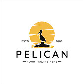pelican bird logo vintage vector illustration template icon graphic design. silhouette of animal with background sunset at river