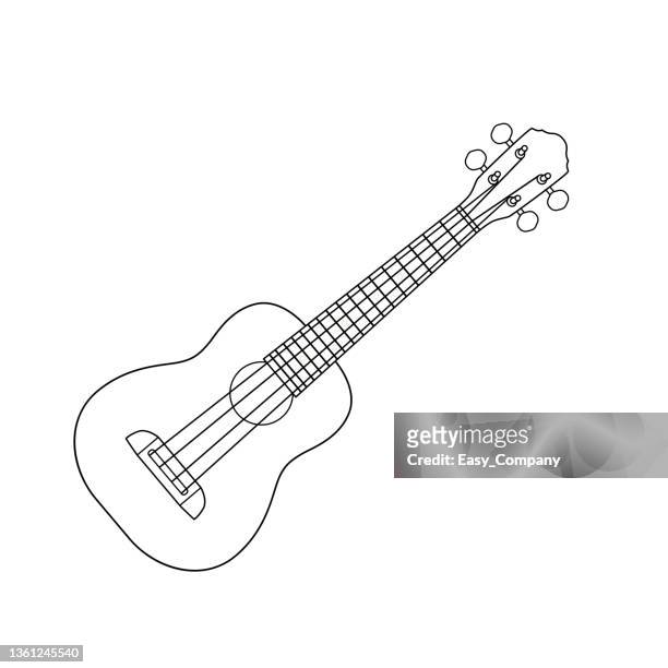 schwarz-weiß-vektorillustration von kinderaktivitäten malbuchseiten mit bildern von instrument ukulele. - ukulele stock-grafiken, -clipart, -cartoons und -symbole