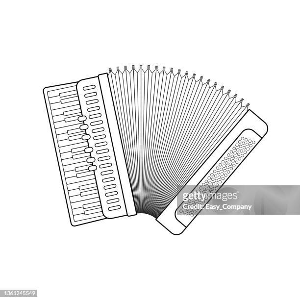 black and white vector illustration of children's activity coloring book pages with pictures of instrument accordion. - harmonica stock illustrations