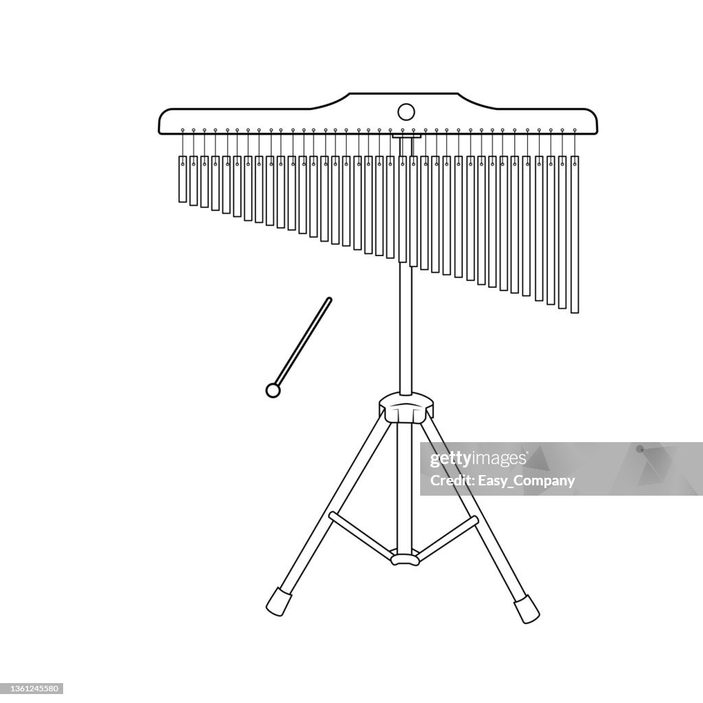 Black and white vector illustration of children's activity coloring book pages with pictures of Instrument chimes.