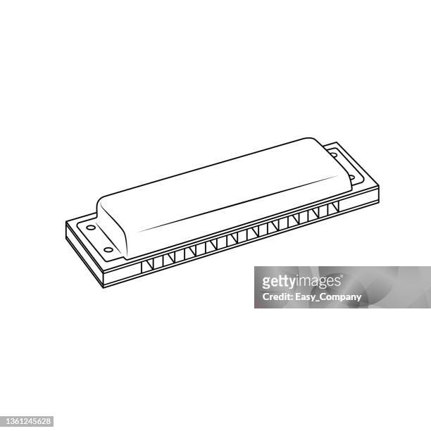 black and white vector illustration of children's activity coloring book pages with pictures of instrument harmonica. - harmonica stock illustrations