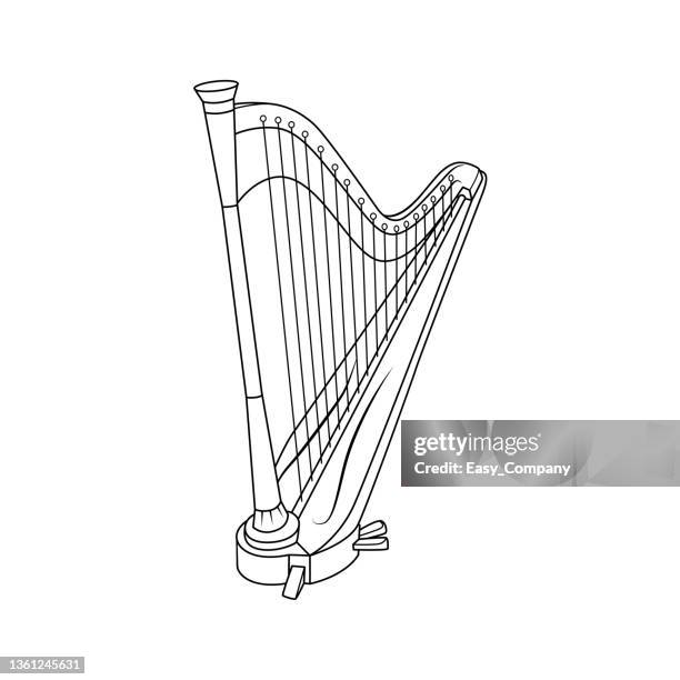 black and white vector illustration of children's activity coloring book pages with pictures of instrument harp. - chord stock illustrations