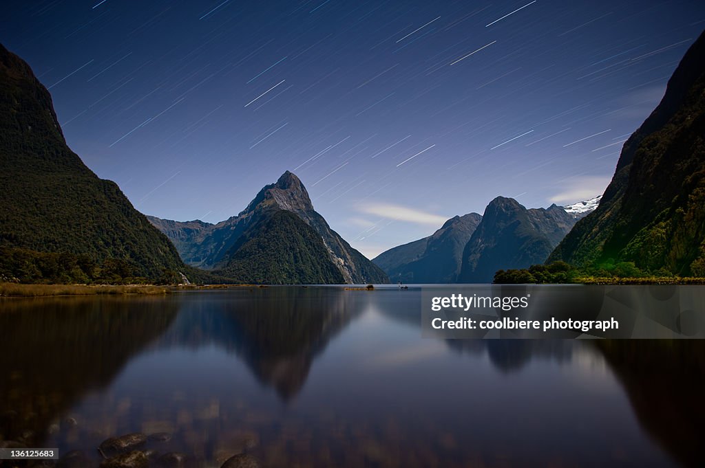 Milford sound with star trail and reflection