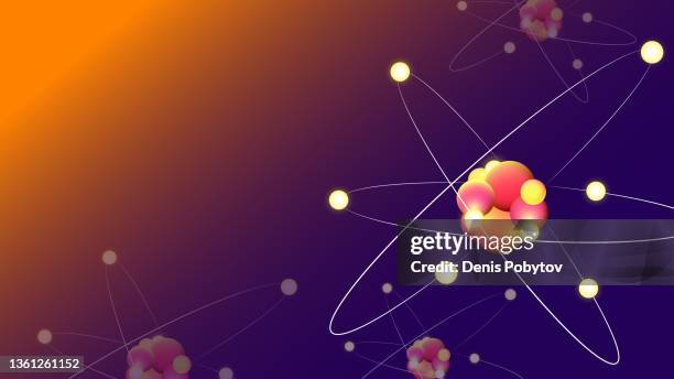 ilustraciones, imágenes clip art, dibujos animados e iconos de stock de ilustración de banner tridimensional brillante - átomos. - átomo