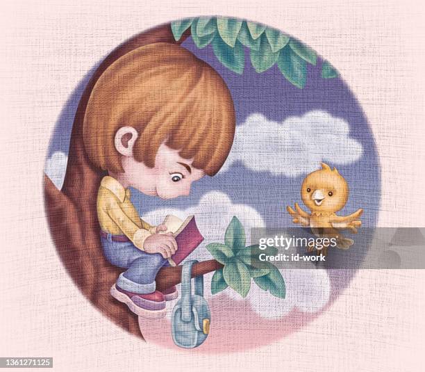 little boy reading book - boy leaning stock illustrations