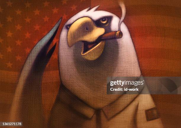 bildbanksillustrationer, clip art samt tecknat material och ikoner med bald eagle smoking cigar and saluting - american flag eagle