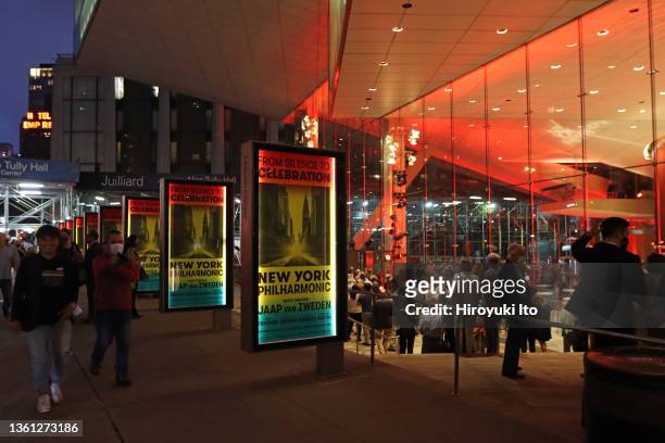 Audience members lining up for the New York Philharmonic's season opening concert at Lincoln Center's Alice Tully Hall on Friday night, September 17,...