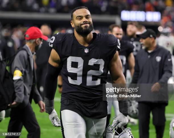 Defensive end Solomon Thomas of the Las Vegas Raiders walks off the field after the team's 17-13 victory over the Denver Broncos at Allegiant Stadium...