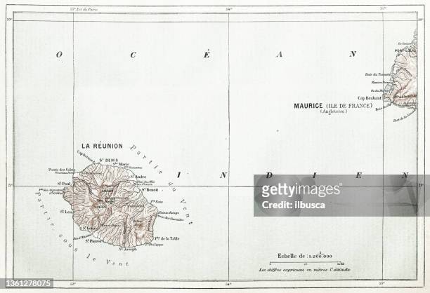 antique french map of reunion and mauritius - la reunion stock illustrations