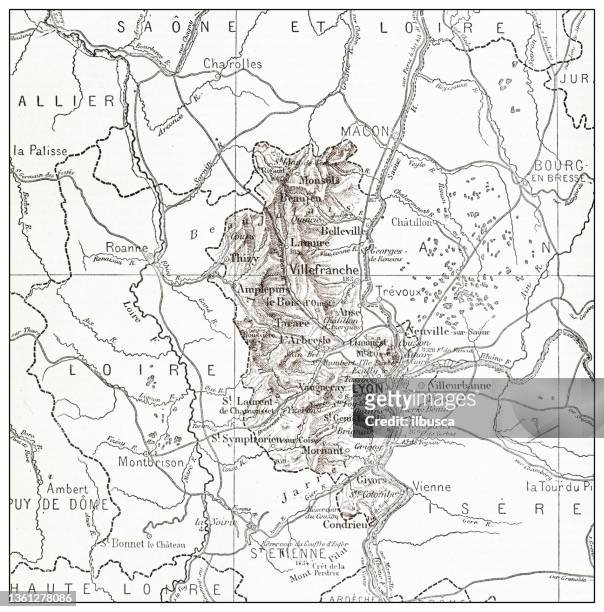 antique french map of rhone (département) - rhone stock illustrations