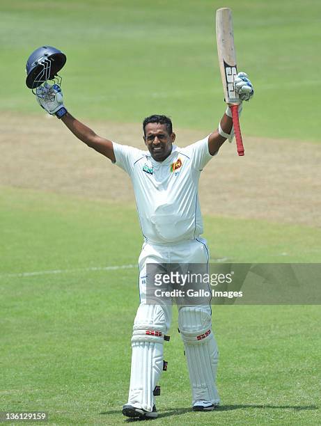 Thilan Samaraweera of Sri Lanka celebrates his 100 during Day Two of the second Sunfoil Test match between South Africa and Sri Lanka at Sahara Park...