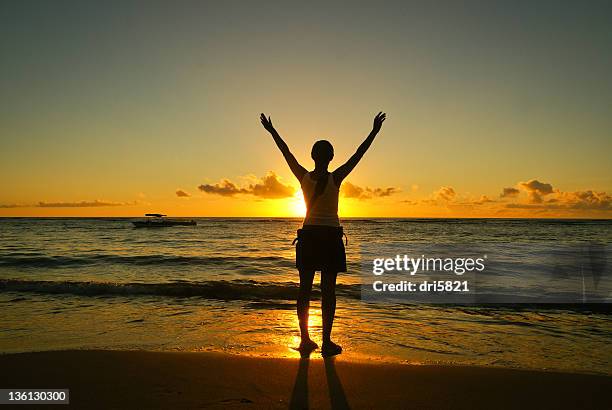 woman standing on beach - seguro 個照片及圖片檔