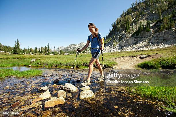 a female backpaking in the mountains. - hiking pole stock pictures, royalty-free photos & images