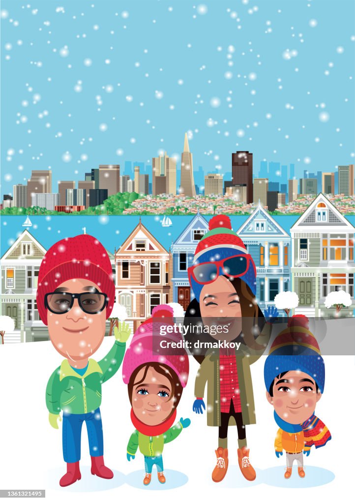 Lovely family having fun while it's snowing in San Francisco