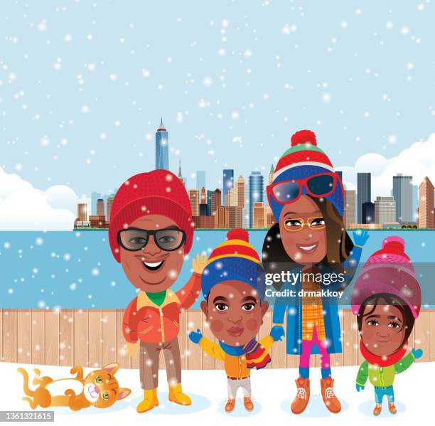 lovely family having fun while it's snowing in new york city - urban mother and daughter stock illustrations