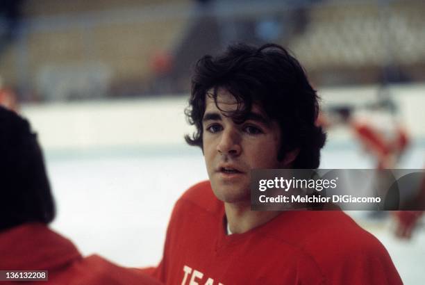 Marcel Dionne of Canada looks on during practice between games with the Soviet Union during the 1972 Summit Series at the Luzhniki Ice Palace in...