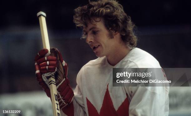 Bobby Clarke of Canada skates to the bench during the game against the Soviet Union in the 1972 Summit Series at the Luzhniki Ice Palace in Moscow,...