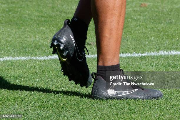 Nike football cleats are seen during a game between the Philadelphia Eagles and the New York Giants at Lincoln Financial Field on December 26, 2021...