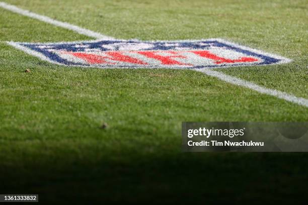 The NFL logo is seen in a game between the Philadelphia Eagles and the New York Giants at Lincoln Financial Field on December 26, 2021 in...