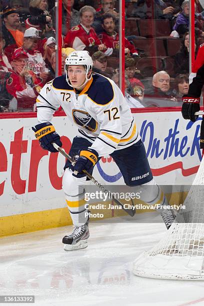 Luke Adam of the Buffalo Sabres skates during an NHL game against the Ottawa Senators at Scotiabank Place on December 20, 2011 in Ottawa, Ontario,...