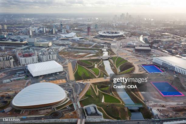 In this handout image provided by the Olympic Delivery Authority, an aerial view looking south reveals a view of Parklands in the London 2012 Olympic...