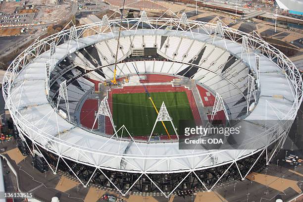 In this handout image provided by the Olympic Delivery Authority, an aerial view reveals a section of the Olympic Stadium in London 2012 Olympic...