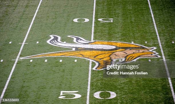 General view of the Minnesota Vikings' logo on the 50 yard line during the game between the Minnesota Vikings and the New Orleans Saints on December...