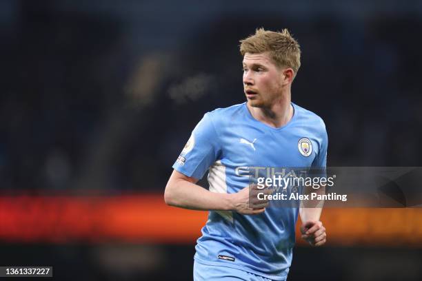 Kevin De Bruyne of Manchester City during the Premier League match between Manchester City and Leicester City at Etihad Stadium on December 26, 2021...