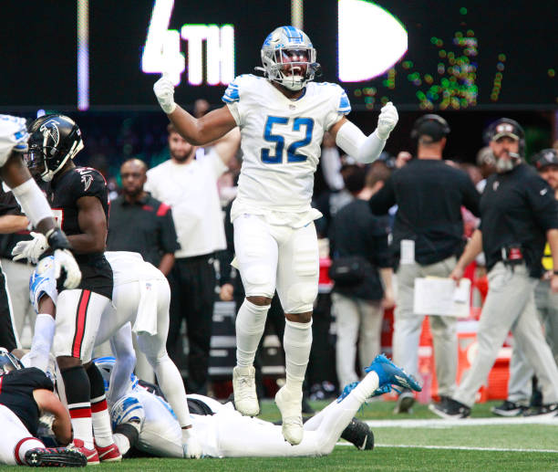 Jessie Lemonier of the Detroit Lions celebrates a fumble recovery against the Atlanta Falcons in the fourth quarter at Mercedes-Benz Stadium on...