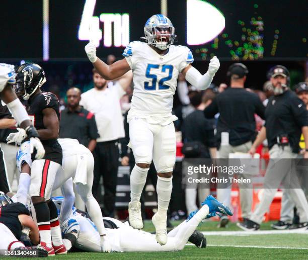 Jessie Lemonier of the Detroit Lions celebrates a fumble recovery against the Atlanta Falcons in the fourth quarter at Mercedes-Benz Stadium on...