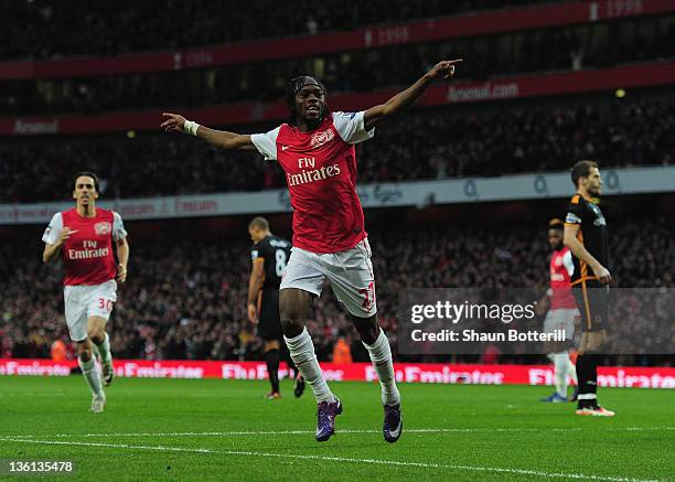 Gervinho of Arsenal celebrates after scoring during the Barclays Premier League match between Arsenal and Wolverhampton Wanderers at the Emirates...