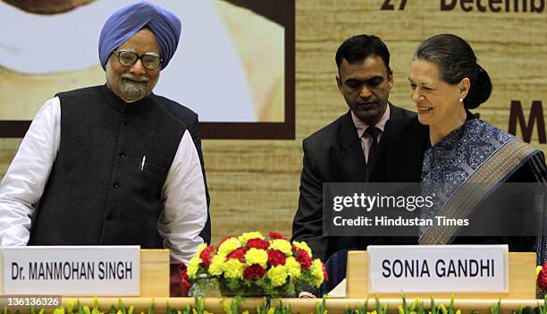 Prime Minister Manmohan Singh and NAC Chairperson Sonia Gandhi attend a function to commemorate the 150th Birth Anniversary of Mahamana Madan Mohan...