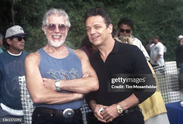 John Mayall and Jimmie Vaughan pose during the Santa Cruz Blues Festival at Aptos Village Park on May 30, 1999 in Aptos, California.