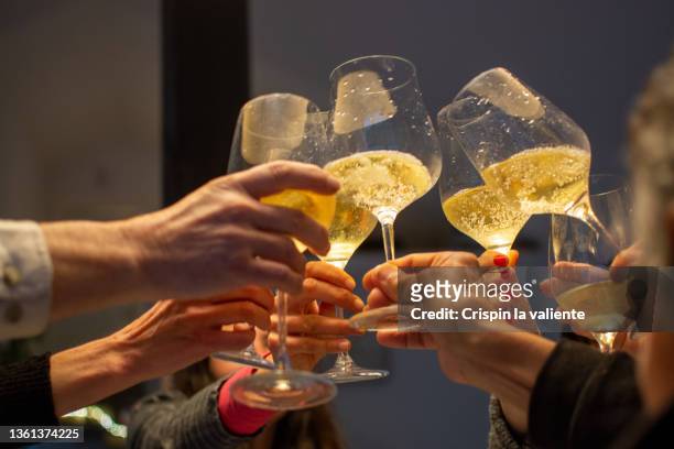 hands toasting glasses of champagne during new years eve dinner - new year resolution stock-fotos und bilder