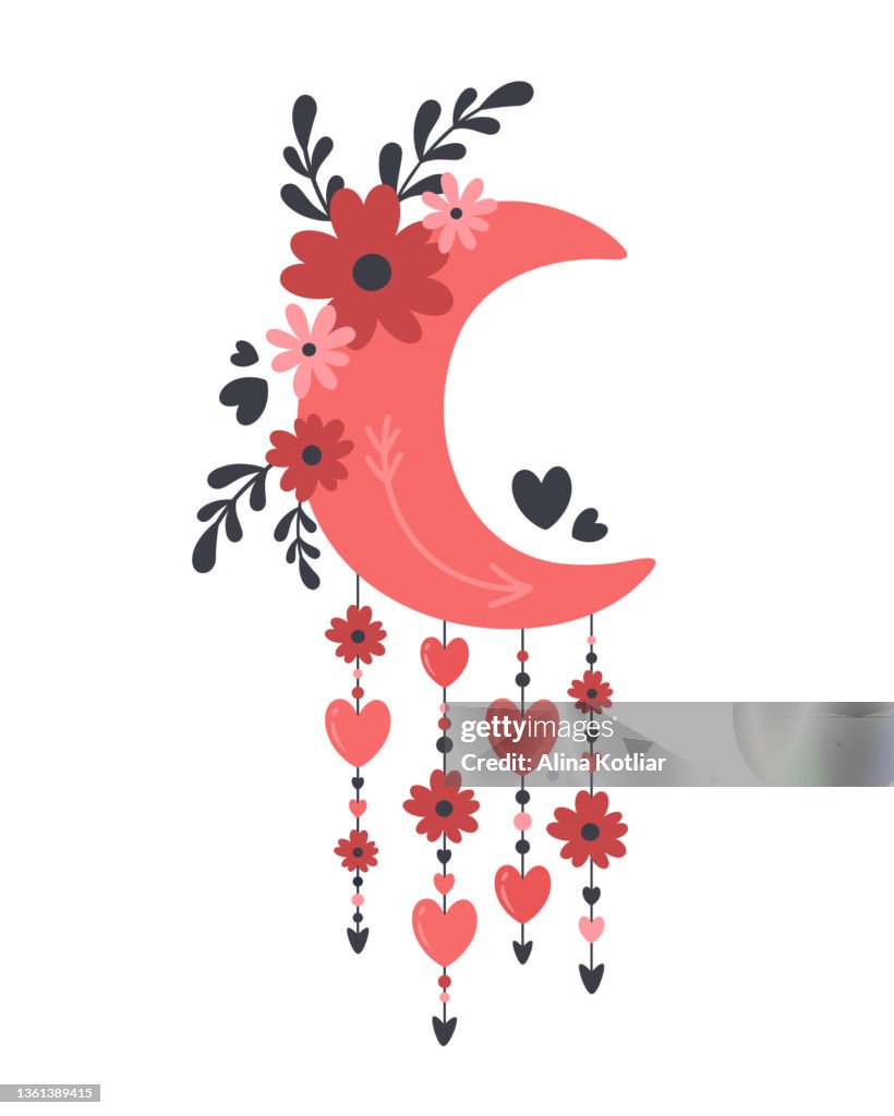 Ilustrace Moon with flowers, hearts, branches, leaves