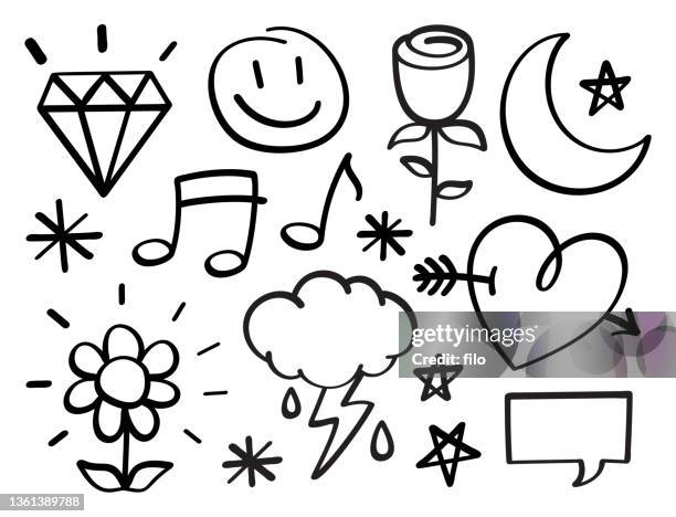illustrazioni stock, clip art, cartoni animati e icone di tendenza di simboli doodle di disegno a linee - luna rosa